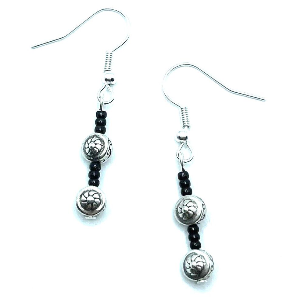 Brighton Mademoiselle Black Onyx Seed Beads Long Custom Silver Earrings